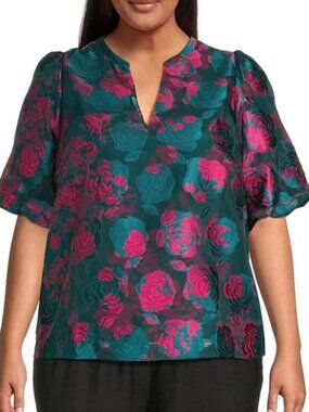 Sugarlips Kaelani Jacquard Tavia Split Neck Short Bubble Sleeve Top 3x